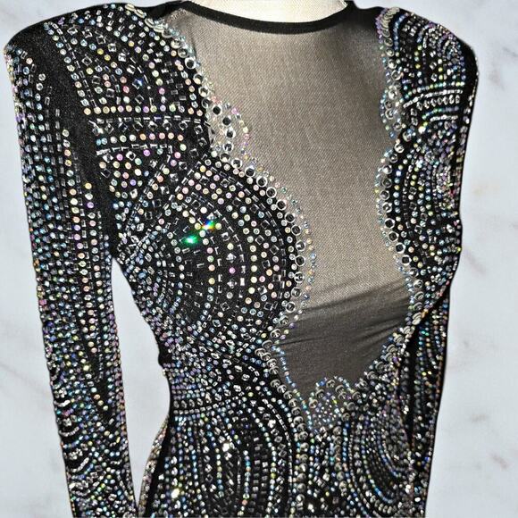 NWT SEXY black embellished midi length sheer cocktail party dress size s/m. - Picture 5 of 8